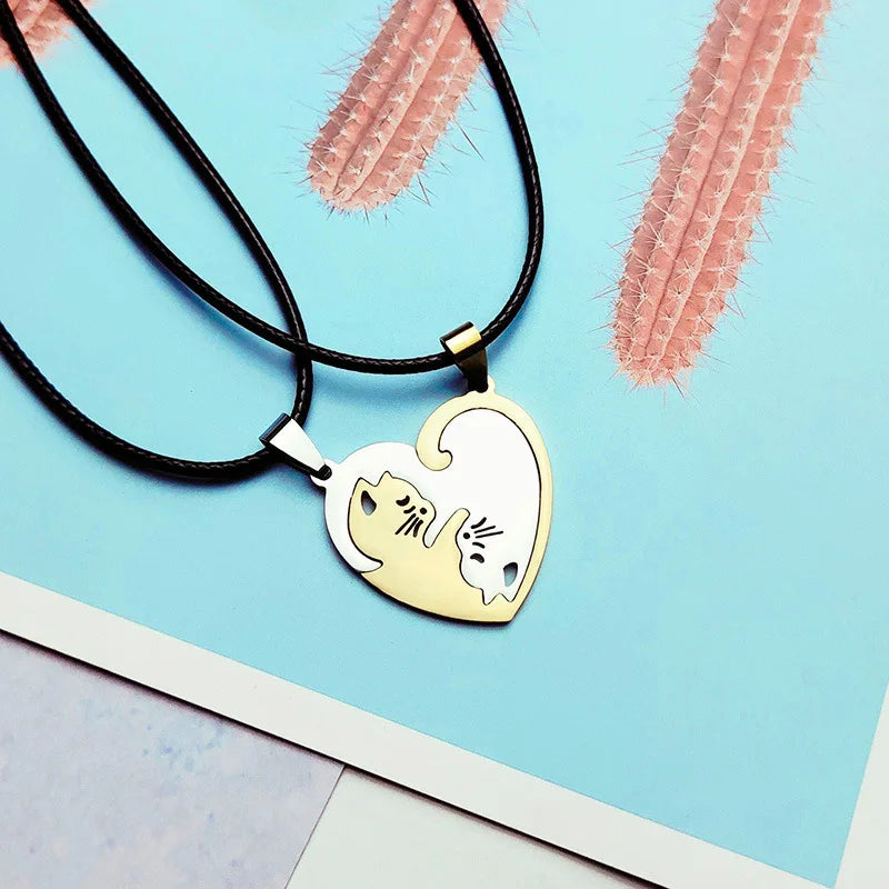Stainless Steel Love Heart round Yin Yang Cat Pendant Necklaces Cute Hug Cat Couple Necklace