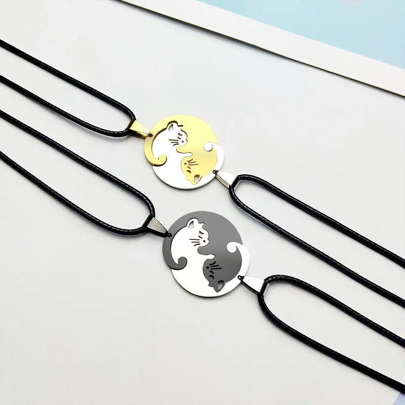 Stainless Steel Love Heart round Yin Yang Cat Pendant Necklaces Cute Hug Cat Couple Necklace