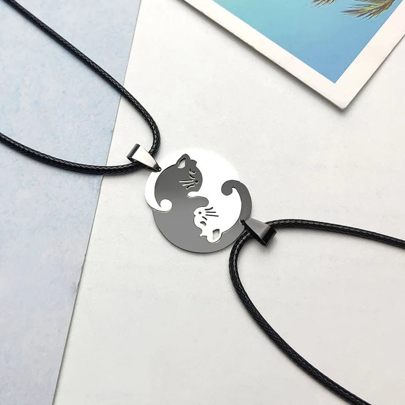 Stainless Steel Love Heart round Yin Yang Cat Pendant Necklaces Cute Hug Cat Couple Necklace