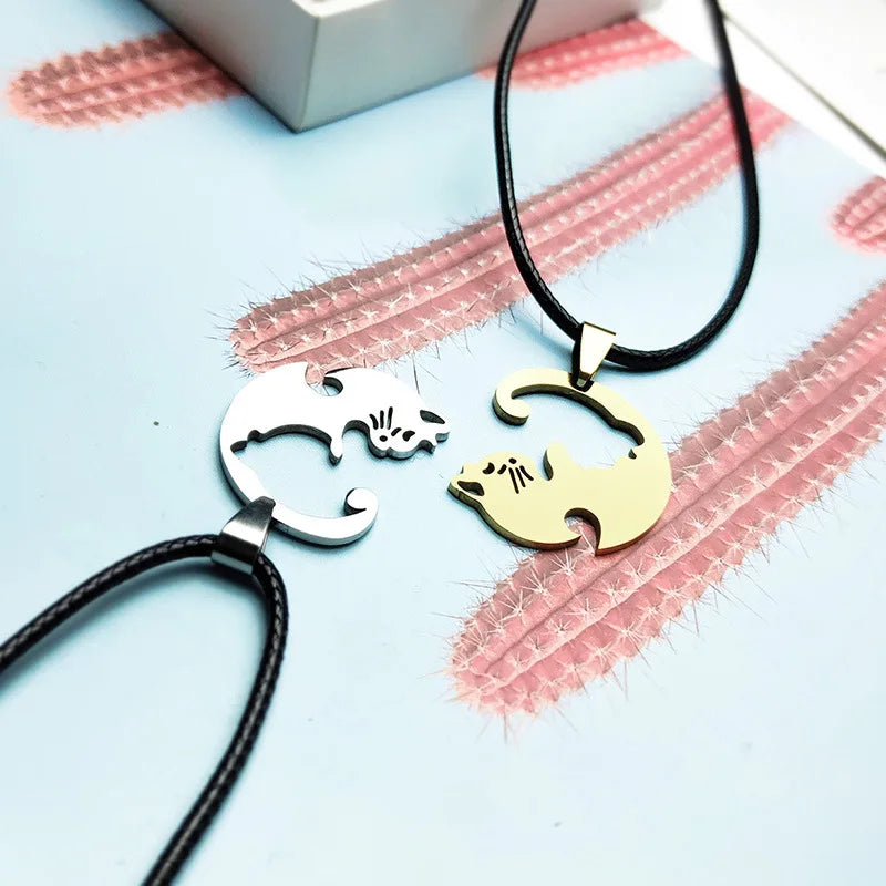 Stainless Steel Love Heart round Yin Yang Cat Pendant Necklaces Cute Hug Cat Couple Necklace