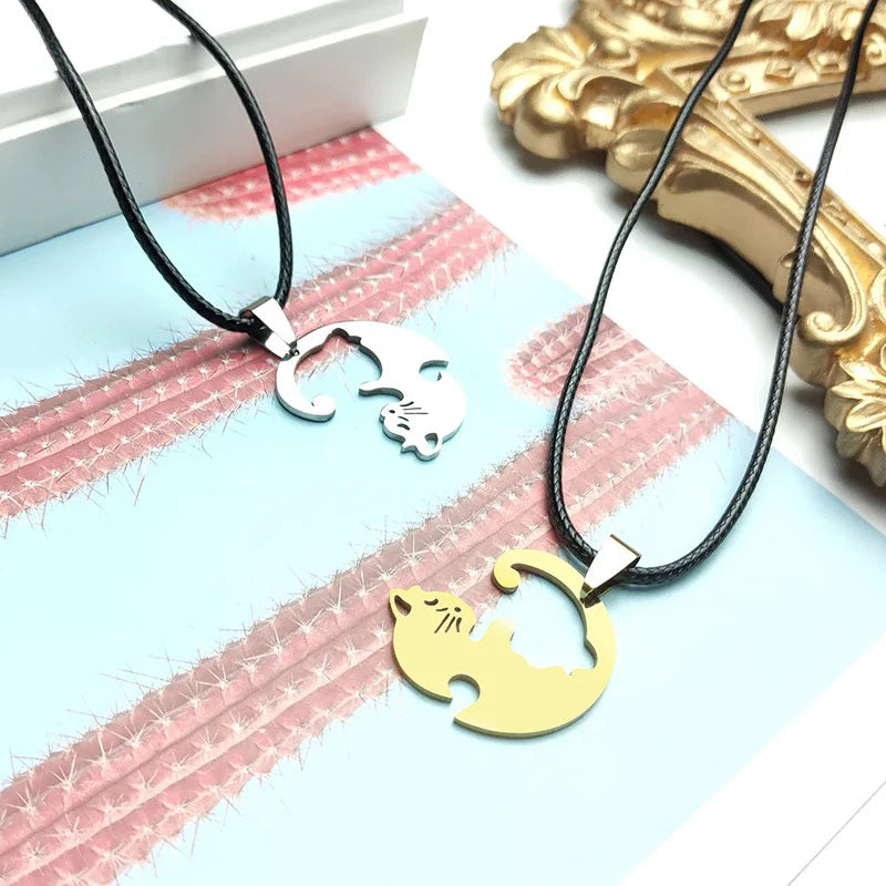 Stainless Steel Love Heart round Yin Yang Cat Pendant Necklaces Cute Hug Cat Couple Necklace