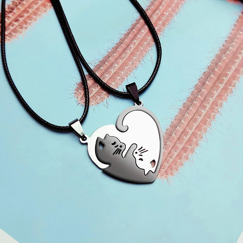 Stainless Steel Love Heart round Yin Yang Cat Pendant Necklaces Cute Hug Cat Couple Necklace