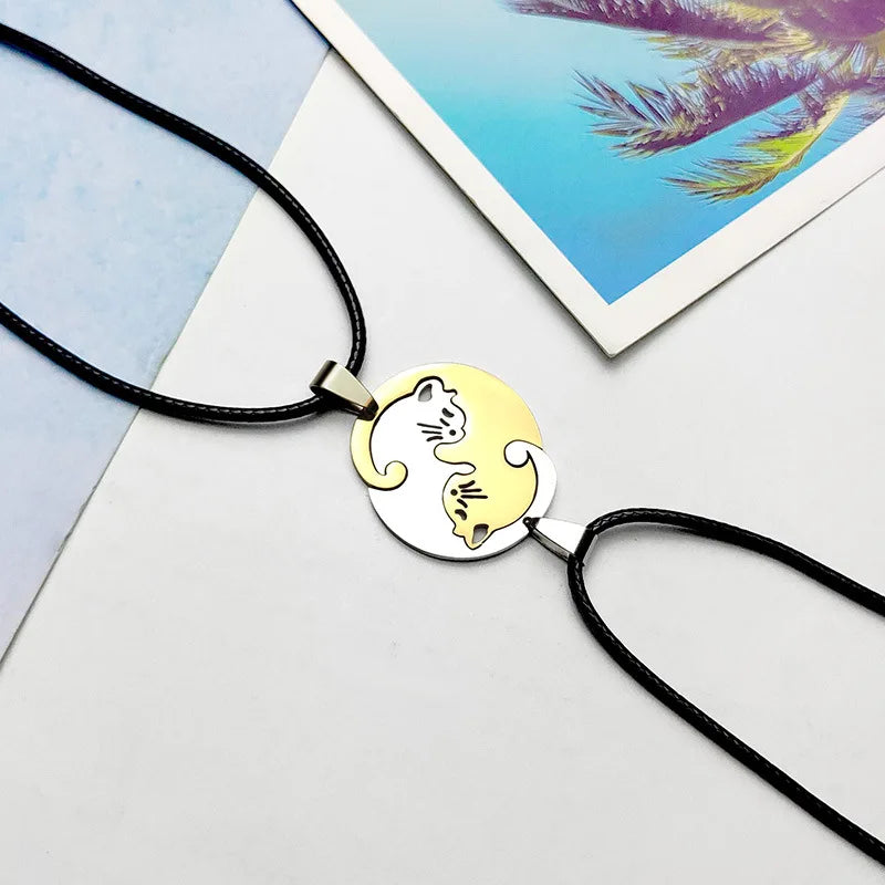 Stainless Steel Love Heart round Yin Yang Cat Pendant Necklaces Cute Hug Cat Couple Necklace