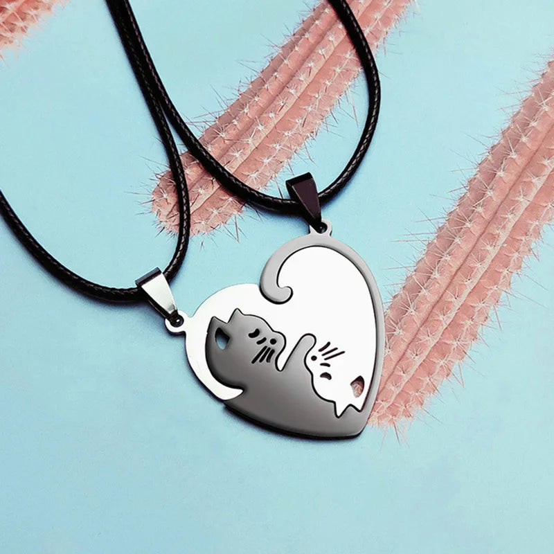 Stainless Steel Love Heart round Yin Yang Cat Pendant Necklaces Cute Hug Cat Couple Necklace