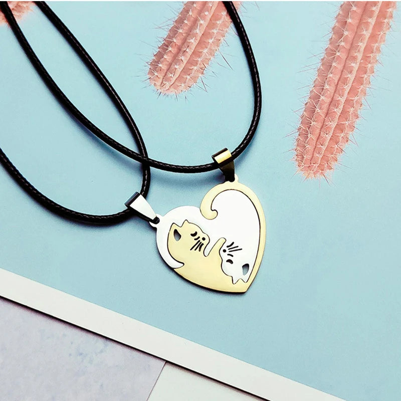 Stainless Steel Love Heart round Yin Yang Cat Pendant Necklaces Cute Hug Cat Couple Necklace