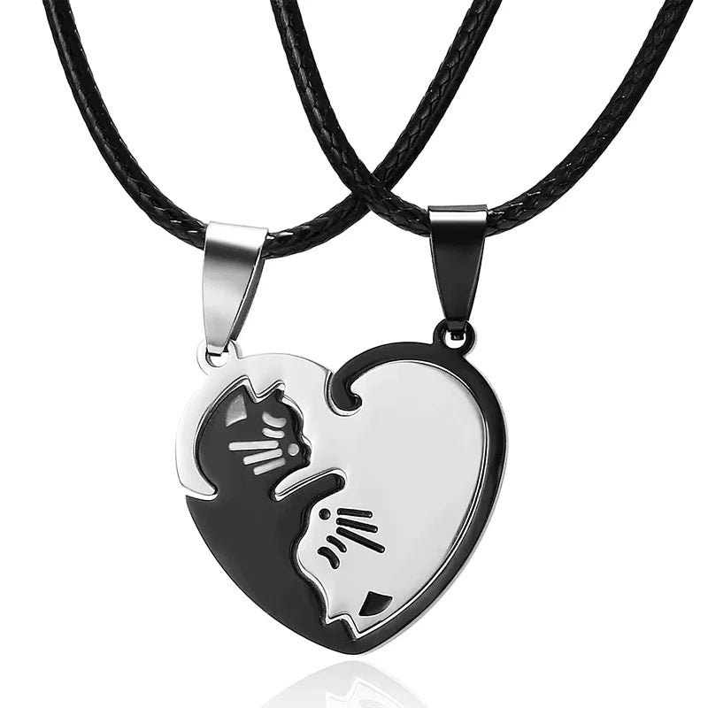 Stainless Steel Love Heart round Yin Yang Cat Pendant Necklaces Cute Hug Cat Couple Necklace